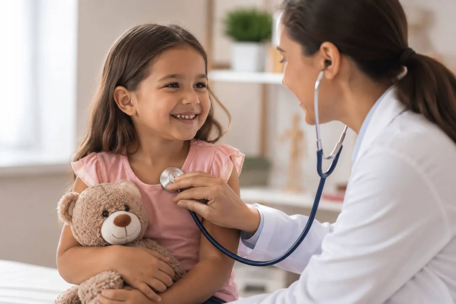Médica realizando consulta em criança para ilustrar plano de saúde infantil sem carência.
