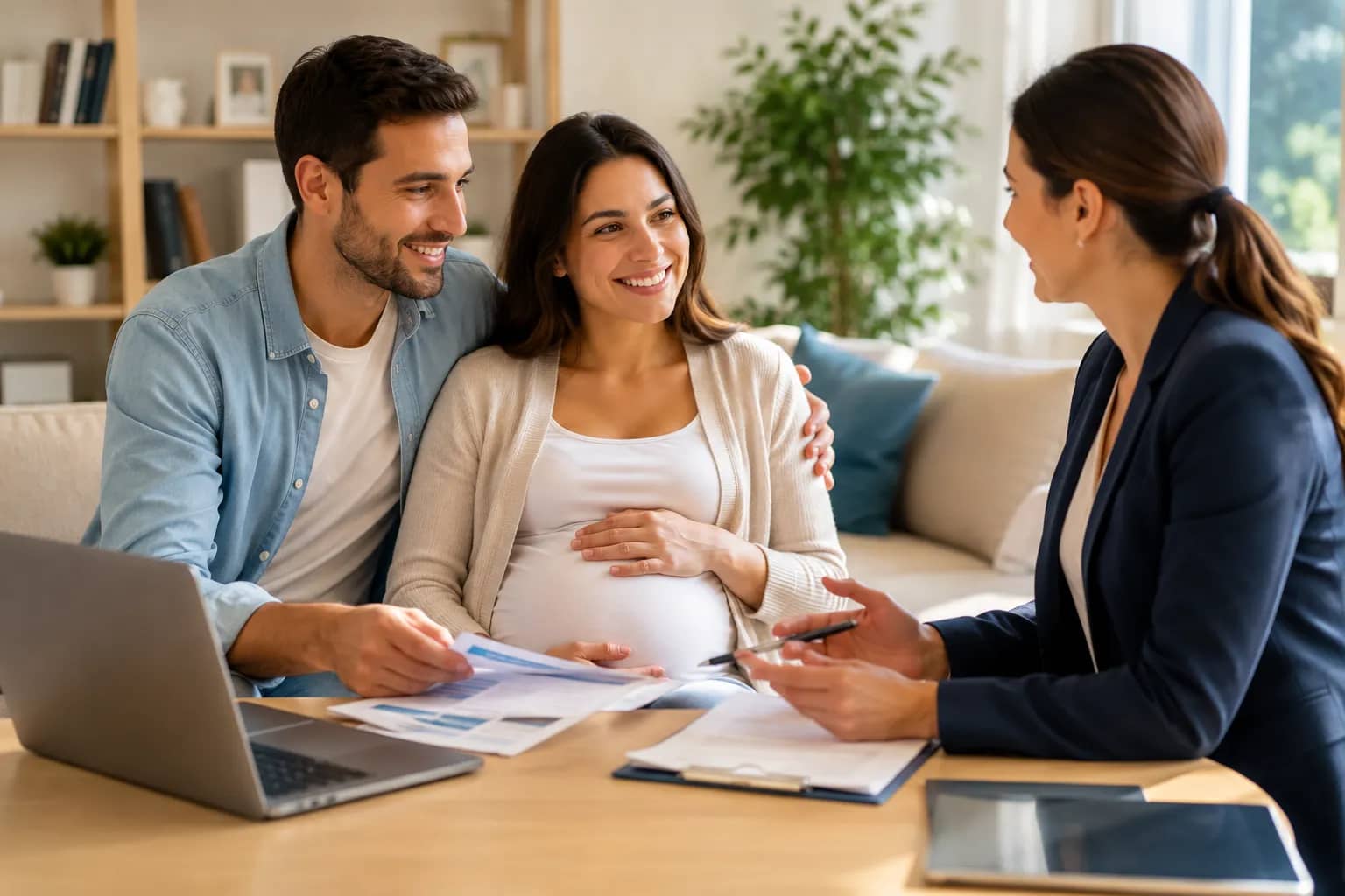Gestante e acompanhante recebendo orientações sobre plano de saúde para parto com cobertura imediata.